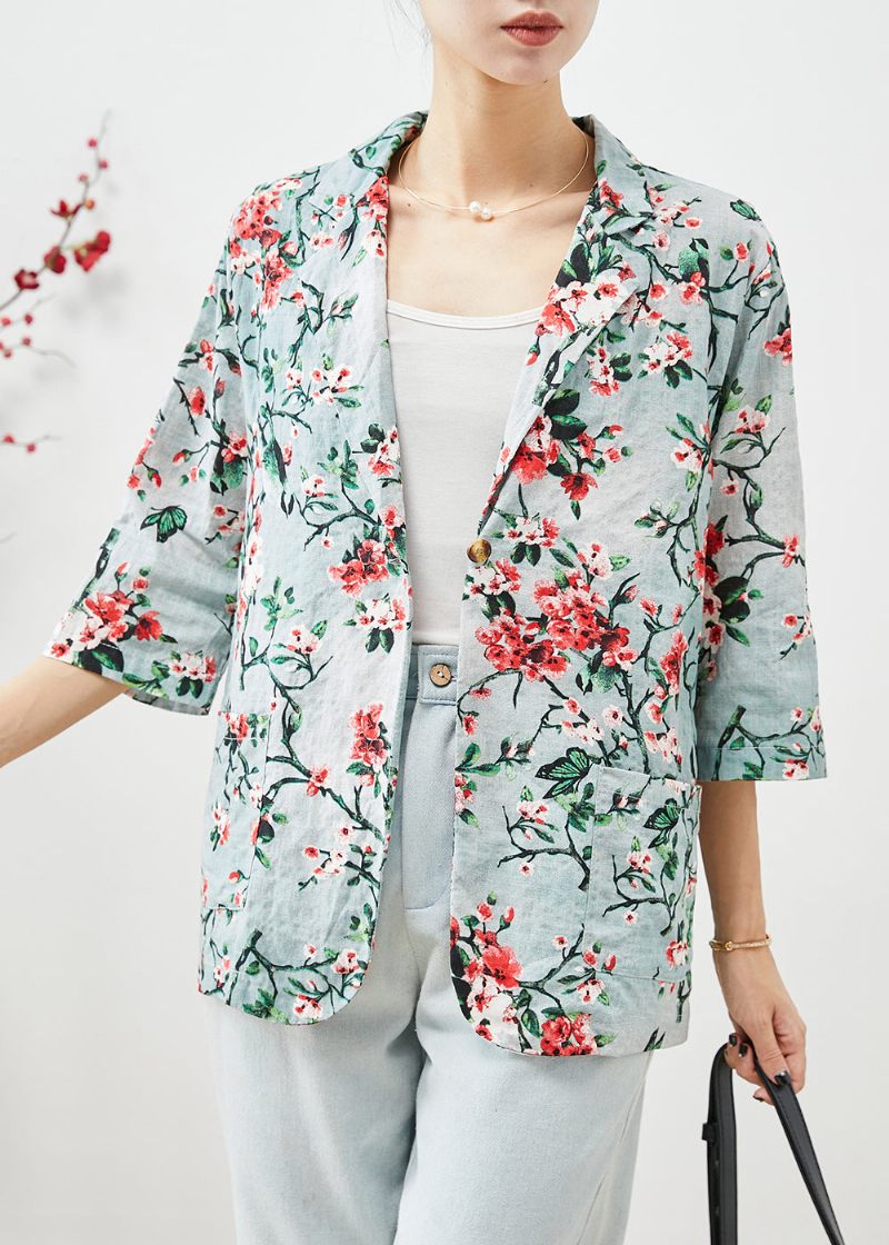 Kvinder Slim Fit Plum Blossom Print Lommer Linned Frakker Halværmet - Dame vinterfrakker