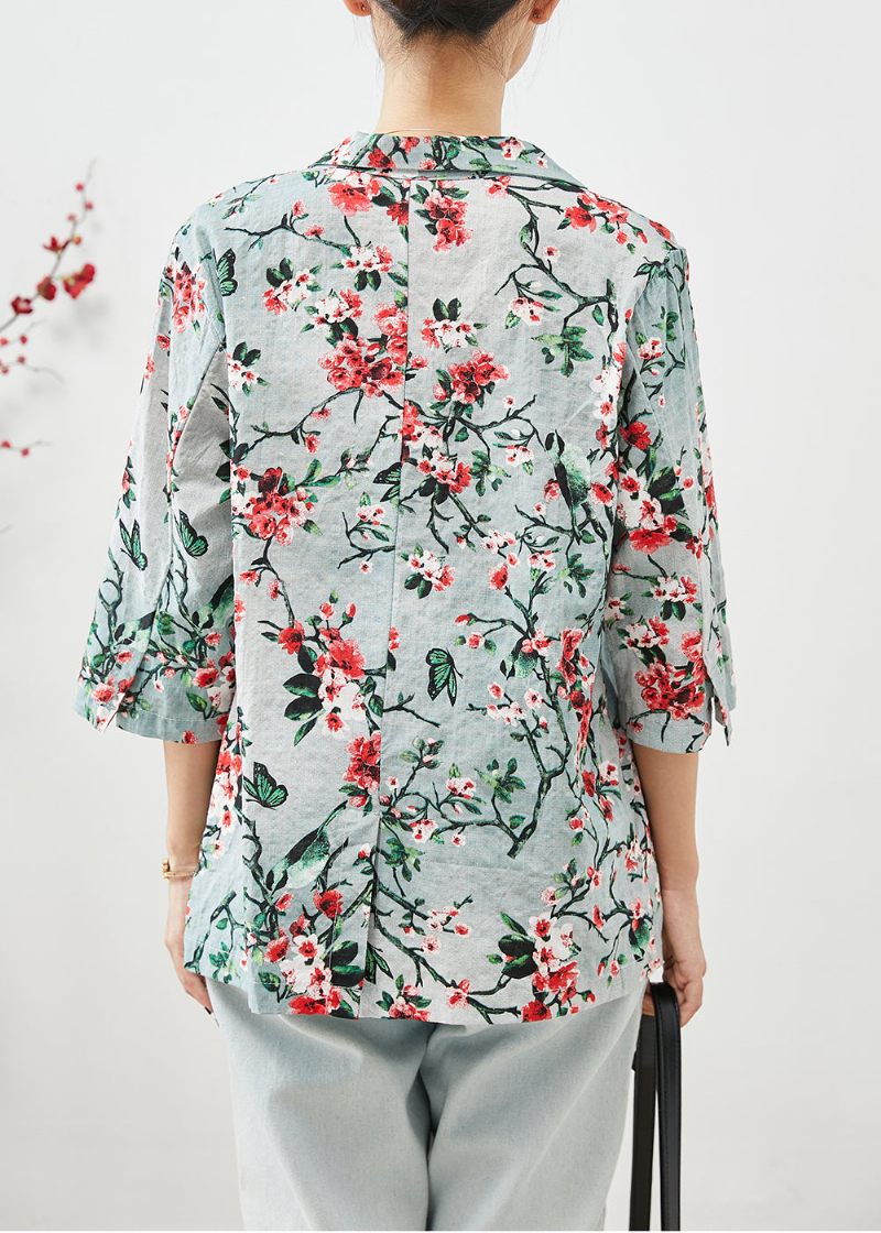 Kvinder Slim Fit Plum Blossom Print Lommer Linned Frakker Halværmet - Dame vinterfrakker