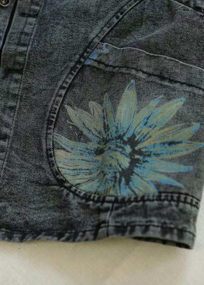 Kvinder Sort Grå Hals Print Denim Vest Efterår - Dame vinterfrakker