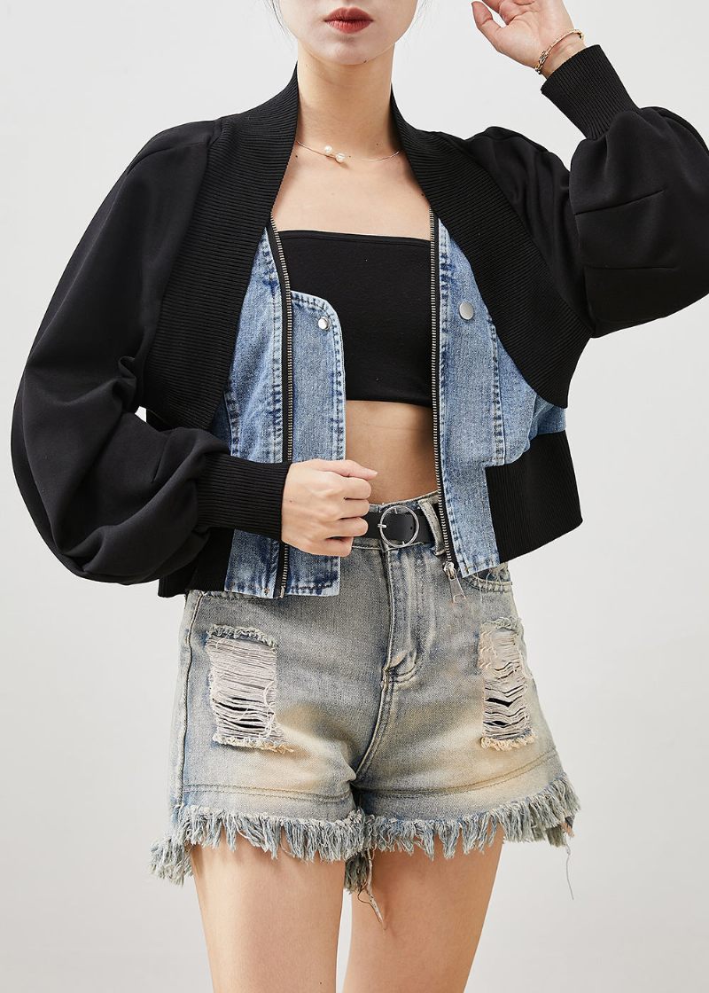 Kvinder Sort Oversized Patchwork Denim Fake Two Piece Coats Spring