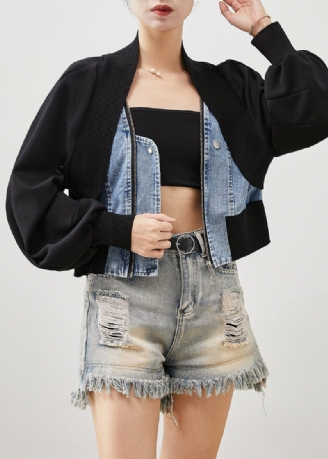 Kvinder Sort Oversized Patchwork Denim Fake Two Piece Coats Spring