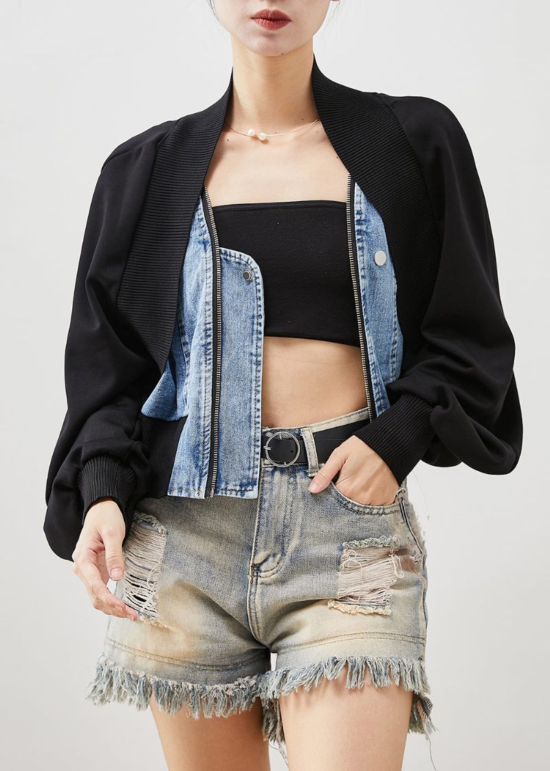 Kvinder Sort Oversized Patchwork Denim Fake Two Piece Coats Spring - Dame vinterfrakker