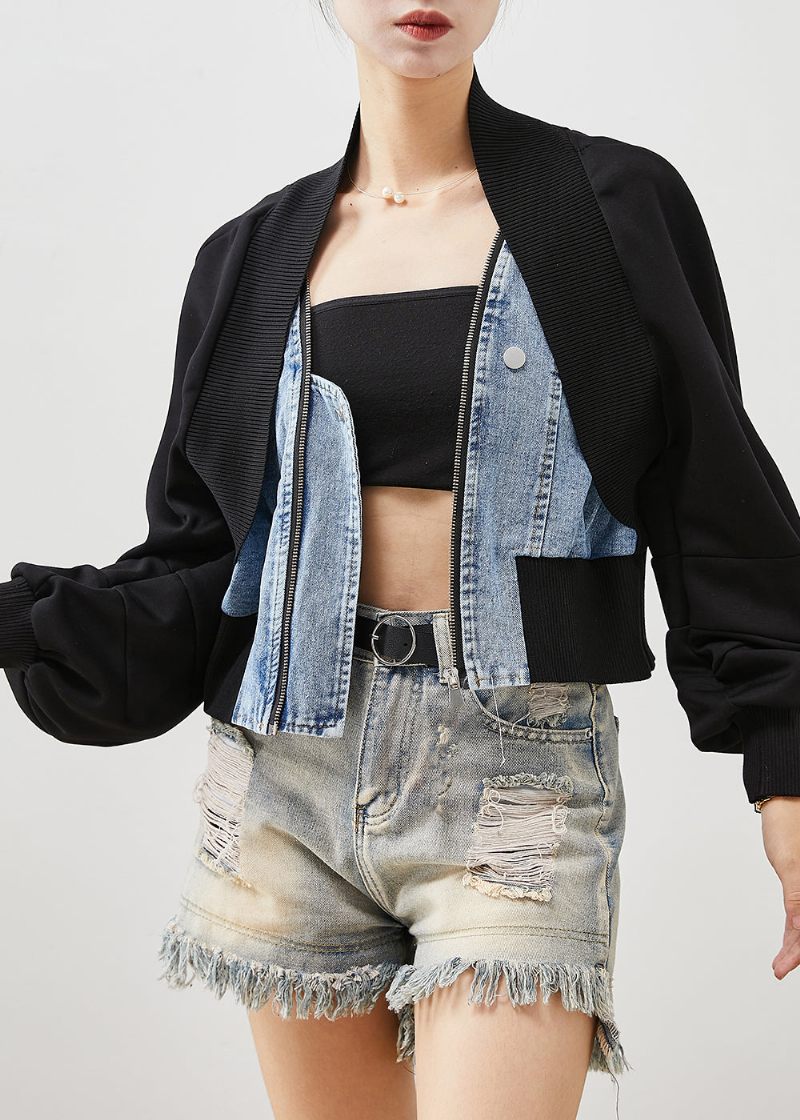 Kvinder Sort Oversized Patchwork Denim Fake Two Piece Coats Spring - Dame vinterfrakker