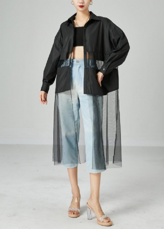 Kvinder Sort Oversized Tulle Patchwork Hollow Out Bomuld Lang Frakke Sommer