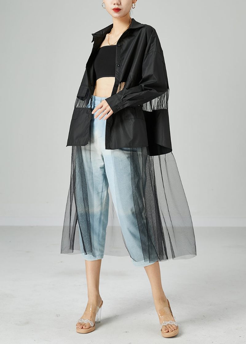 Kvinder Sort Oversized Tulle Patchwork Hollow Out Bomuld Lang Frakke Sommer - Dame vinterfrakker