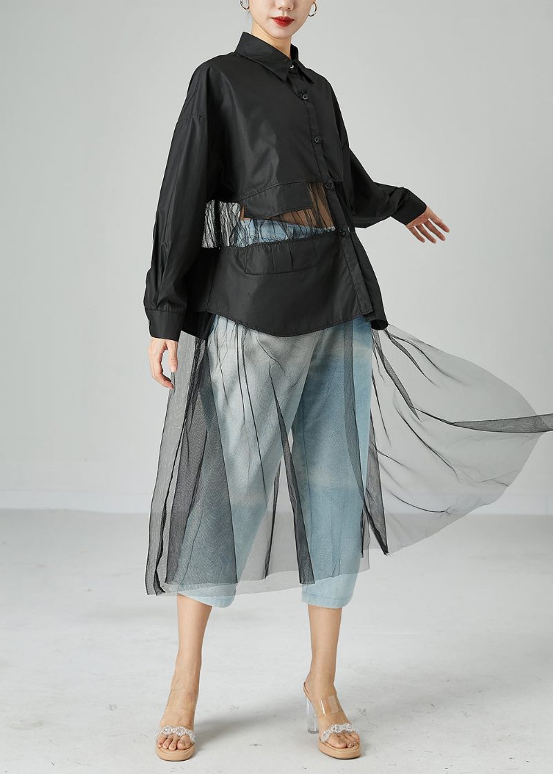 Kvinder Sort Oversized Tulle Patchwork Hollow Out Bomuld Lang Frakke Sommer - Dame vinterfrakker