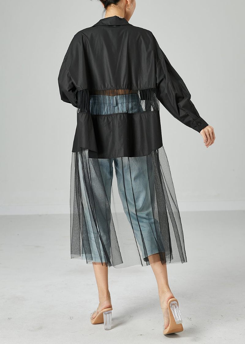 Kvinder Sort Oversized Tulle Patchwork Hollow Out Bomuld Lang Frakke Sommer - Dame vinterfrakker