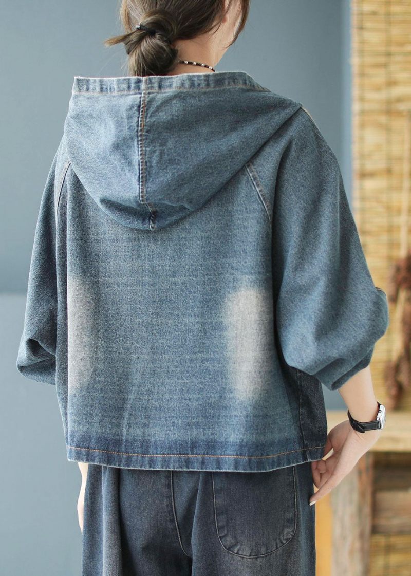 Kvinder Sort Print Patchwork Løs Efterår Denim Hættetrøje Frakke - Sort