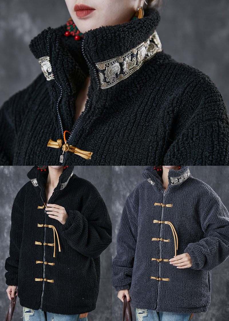 Kvinder Sort Zip Up Patchwork Kinesisk Knap Fin Bomuldsfyldt Jakke Vinter - Dame vinterfrakker