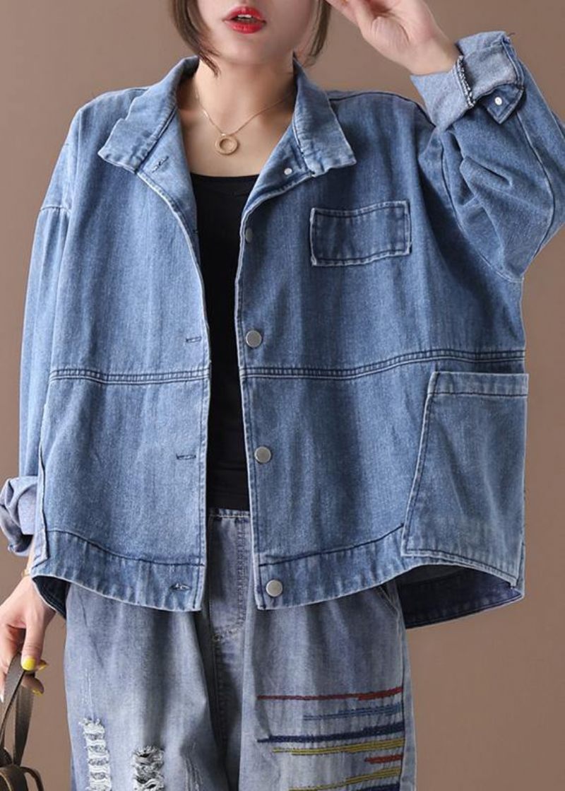 Kvinder Står Krave Fine Casual Frakker Denim Blå - Dame vinterfrakker