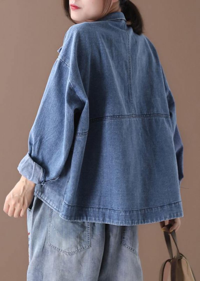 Kvinder Står Krave Fine Casual Frakker Denim Blå - Dame vinterfrakker