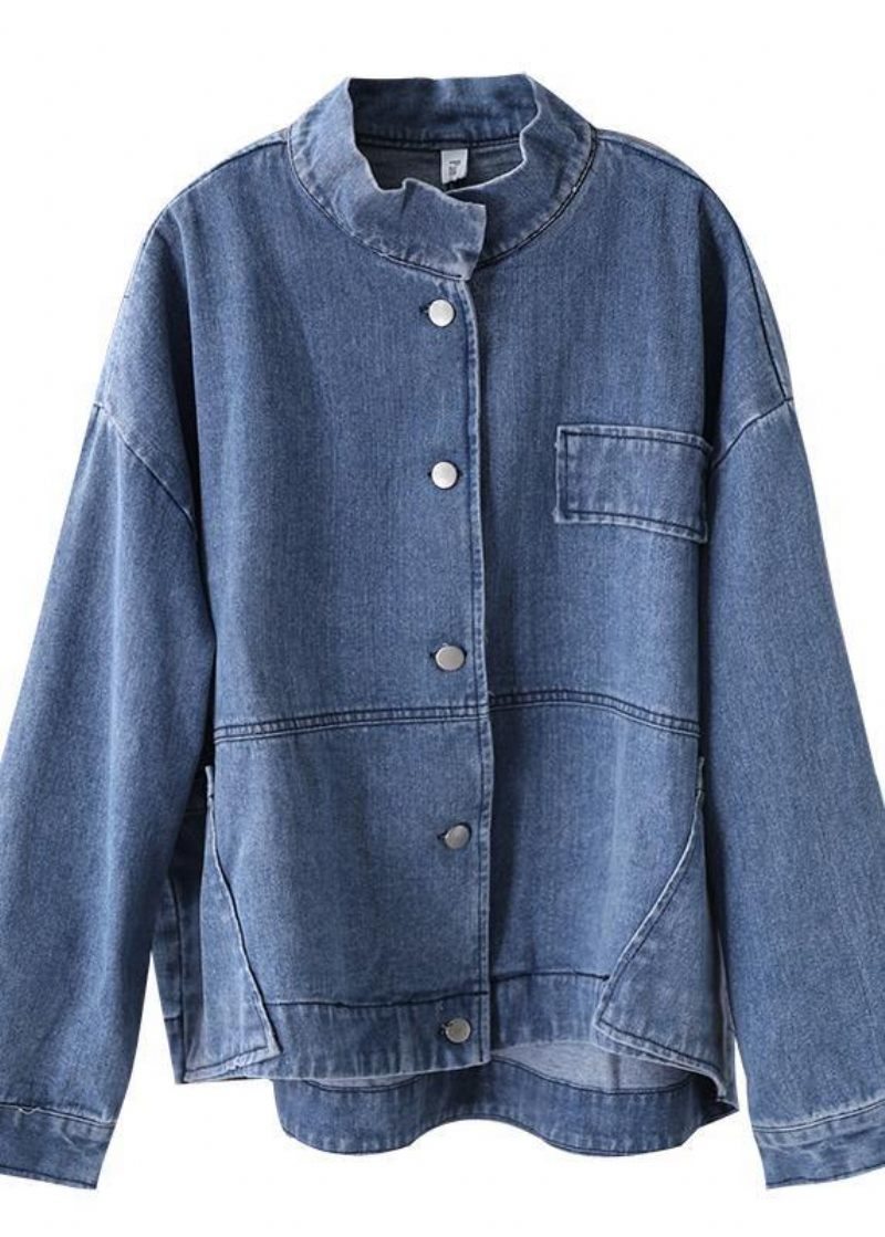 Kvinder Står Krave Fine Casual Frakker Denim Blå - Dame vinterfrakker