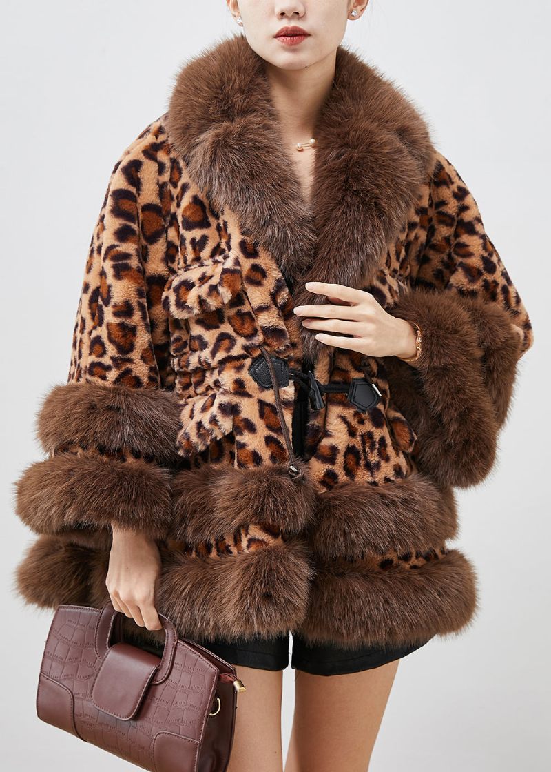 Leopard Print Imiteret Pels Frakke Oversized Snøre Vinter