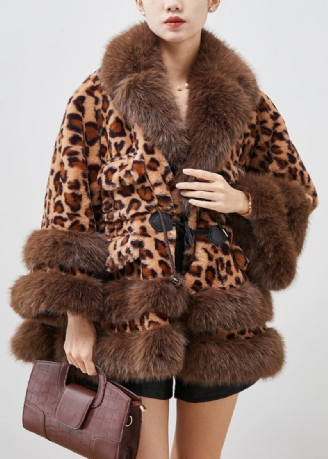 Leopard Print Imiteret Pels Frakke Oversized Snøre Vinter