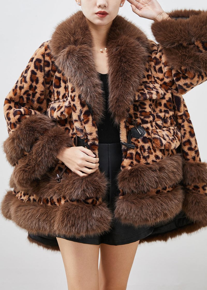 Leopard Print Imiteret Pels Frakke Oversized Snøre Vinter - Dame vinterfrakker