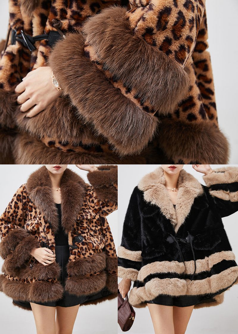 Leopard Print Imiteret Pels Frakke Oversized Snøre Vinter - Dame vinterfrakker