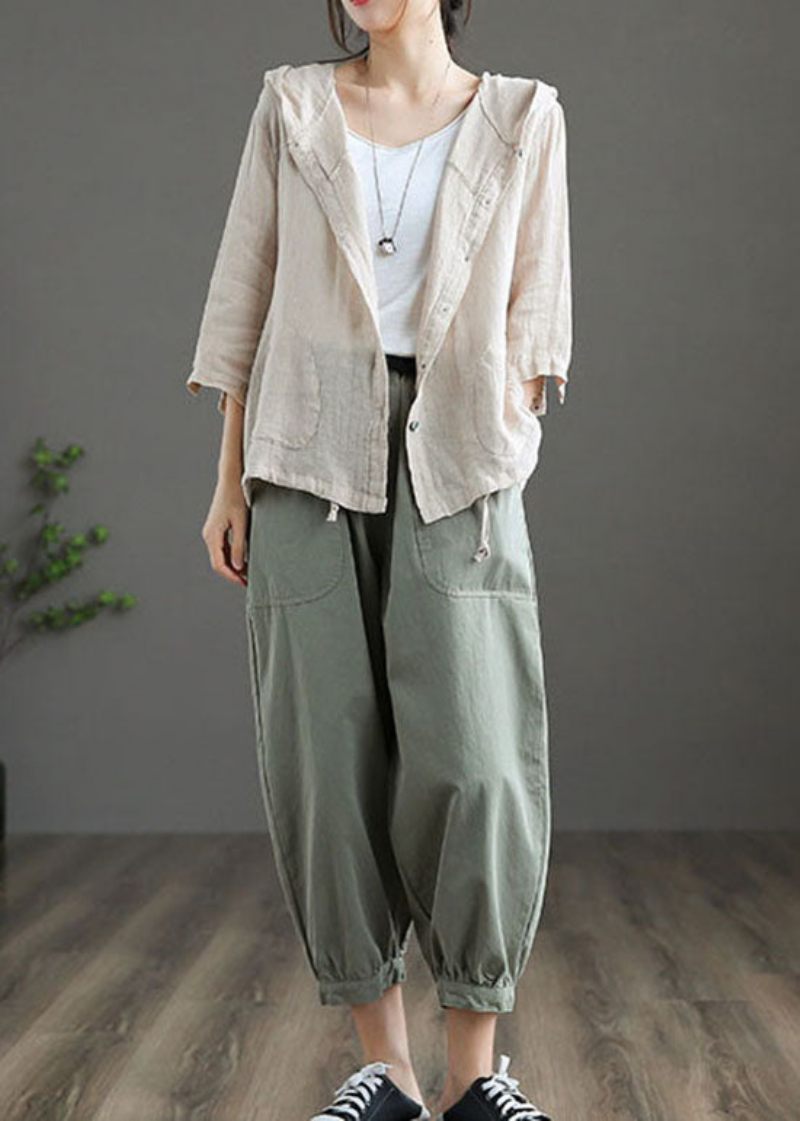 Lette Khaki Lommer Patchwork Linned Hætte Frakke Button Summer - Dame vinterfrakker