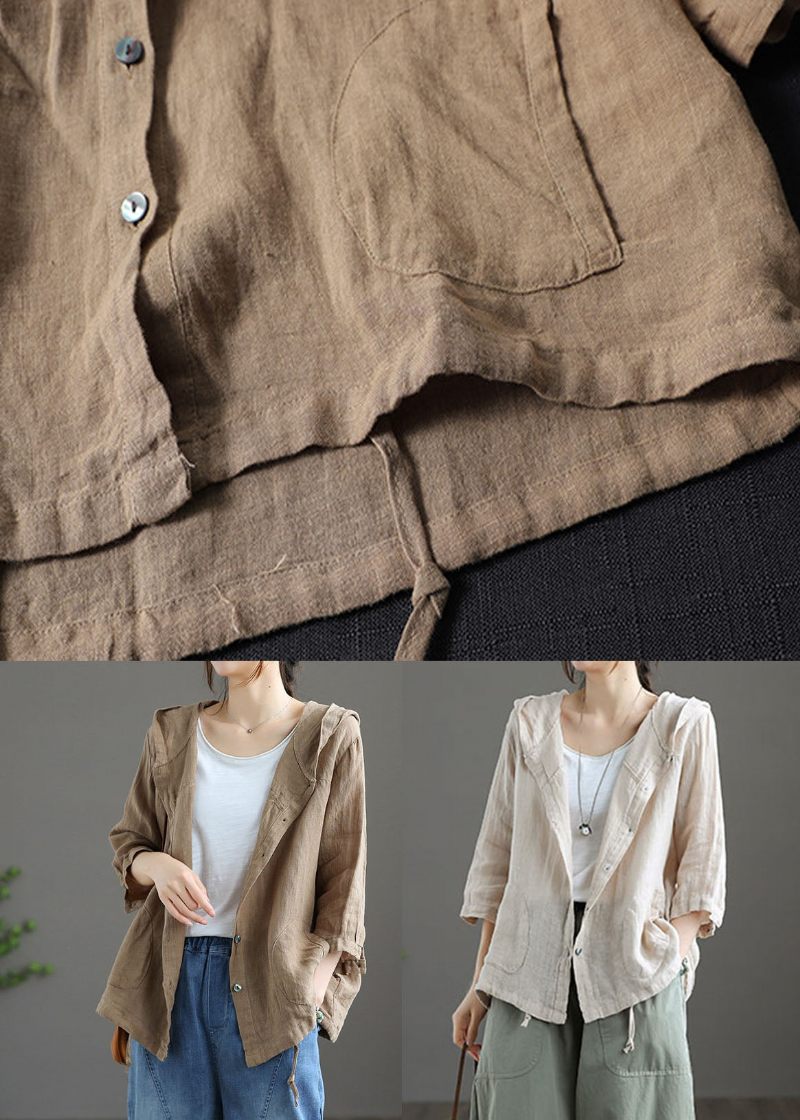 Lette Khaki Lommer Patchwork Linned Hætte Frakke Button Summer - Dame vinterfrakker