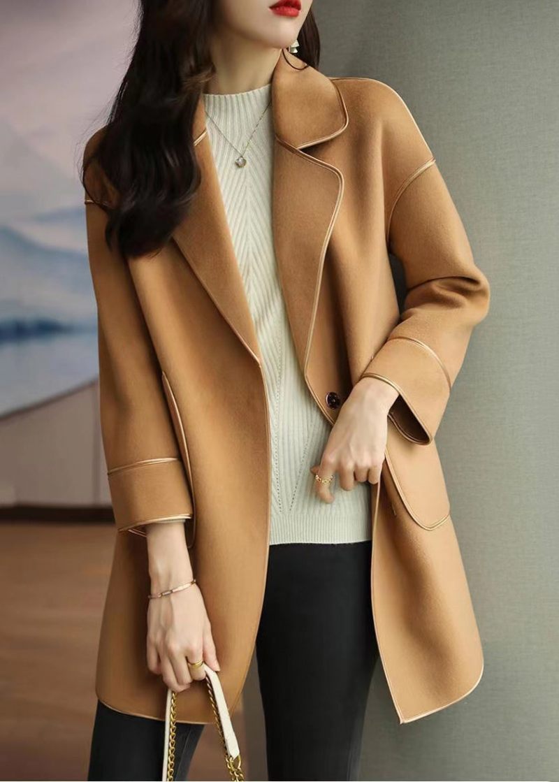 Light Camel Uld Trench Coats Lapel Oversized Fall