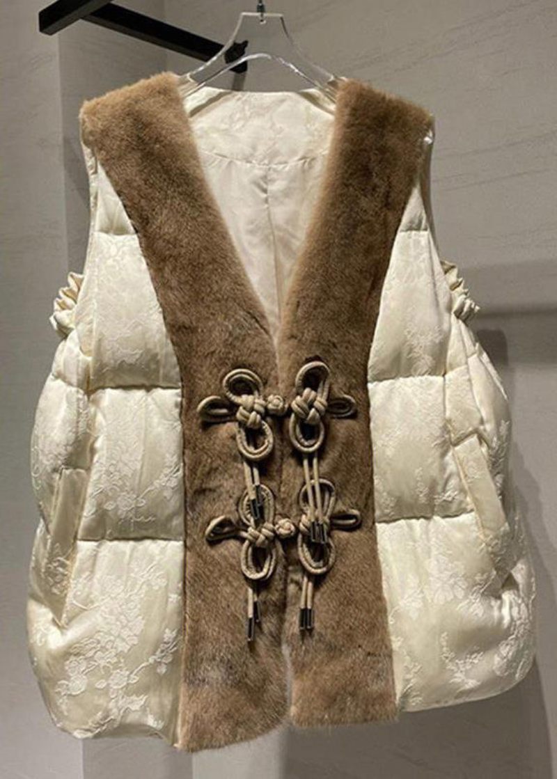 Løs Beige Knap Mink Hår Patchwork Andedun Vest Ærmeløs - Dame vinterfrakker