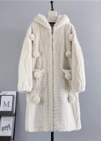 Løs Beige Zip Up Fuzzy Ball Decorated Mink Velvet Hoodie Coat Winter