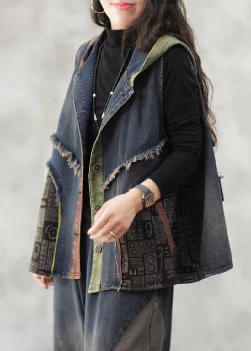 Løs Blå Hætteknap Patchwork Denim Vest Uden Ærmer