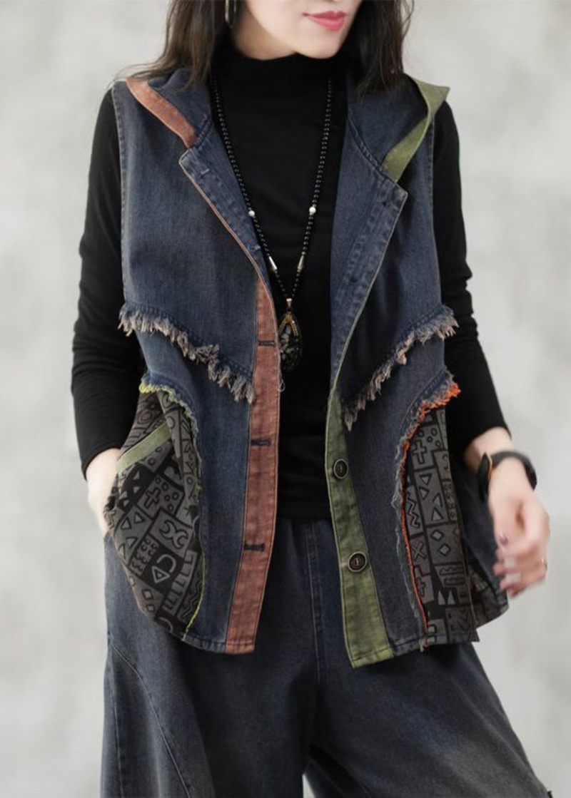 Løs Blå Hætteknap Patchwork Denim Vest Uden Ærmer - Dame vinterfrakker