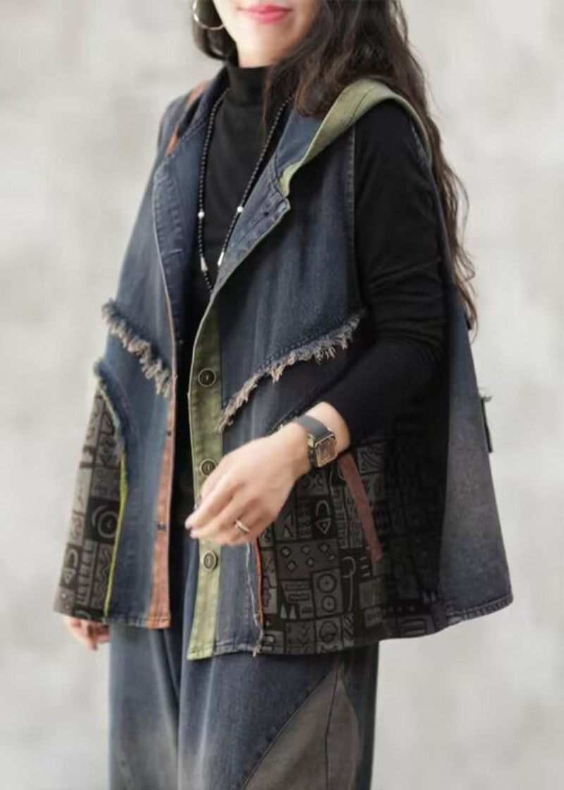 Løs Blå Hætteknap Patchwork Denim Vest Uden Ærmer - Dame vinterfrakker