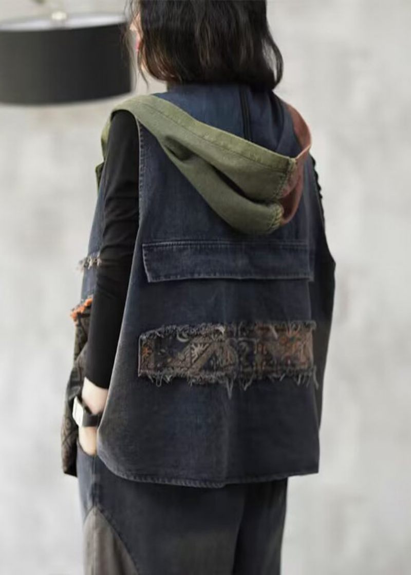 Løs Blå Hætteknap Patchwork Denim Vest Uden Ærmer - Dame vinterfrakker