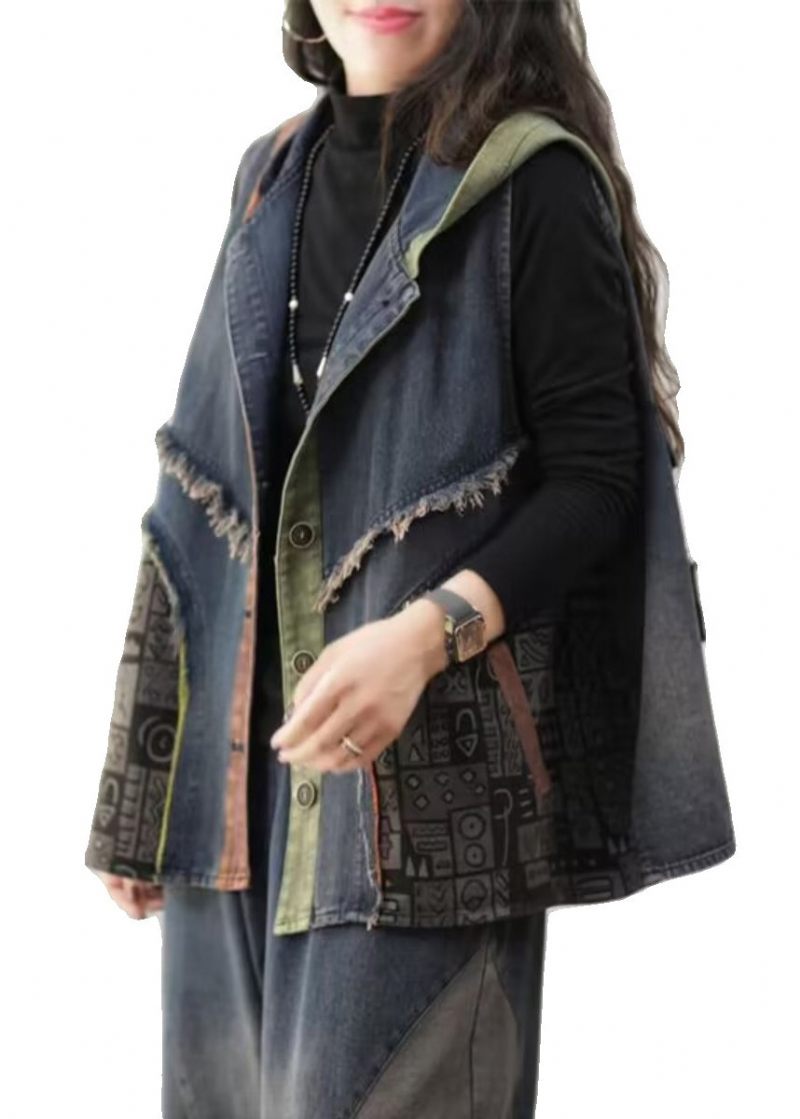 Løs Blå Hætteknap Patchwork Denim Vest Uden Ærmer - Dame vinterfrakker