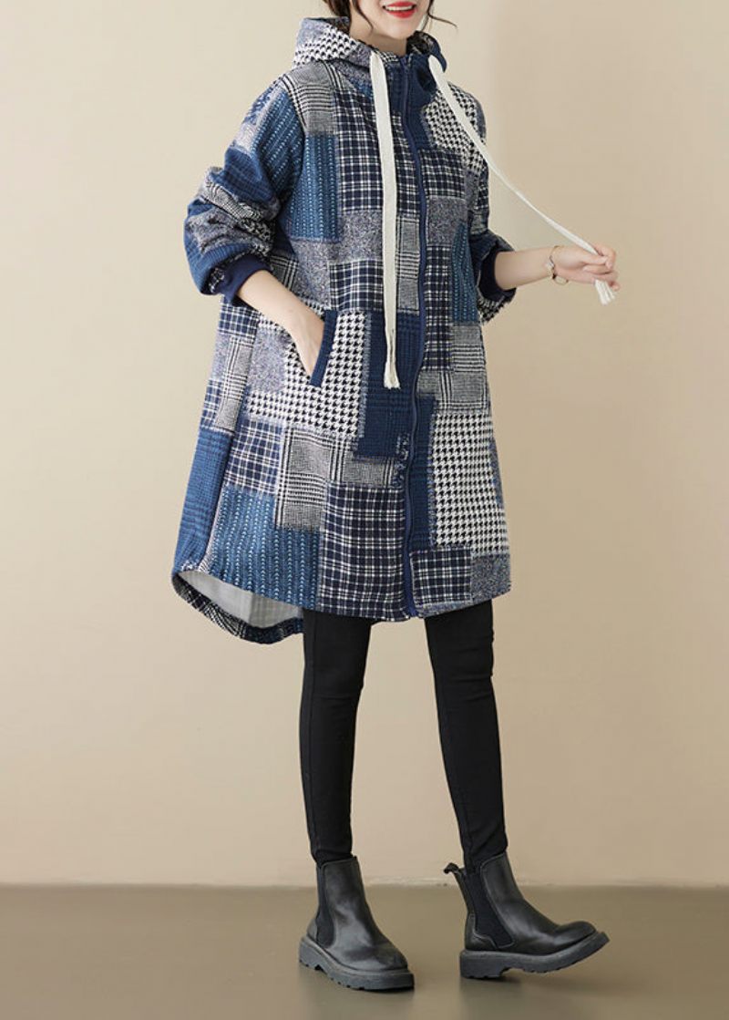 Løs Blå Lynlås Plaid Patchwork Varm Fleece Hættefrakke Fjeder - Dame vinterfrakker