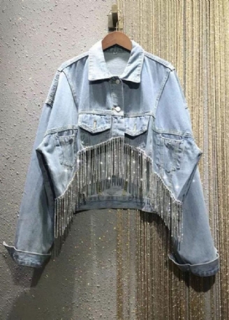 Løs Blå Peter Pan Krave Patchwork Kvast Zircon Button Denim Frakker Langærmet