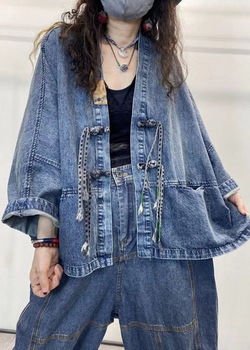 Løs Blå V-hals Knap Patchwork Denim Frakker Lange Ærmer