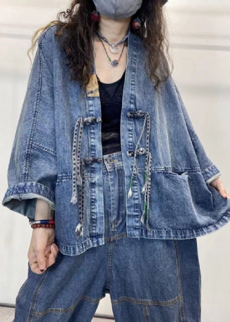 Løs Blå V-hals Knap Patchwork Denim Frakker Lange Ærmer