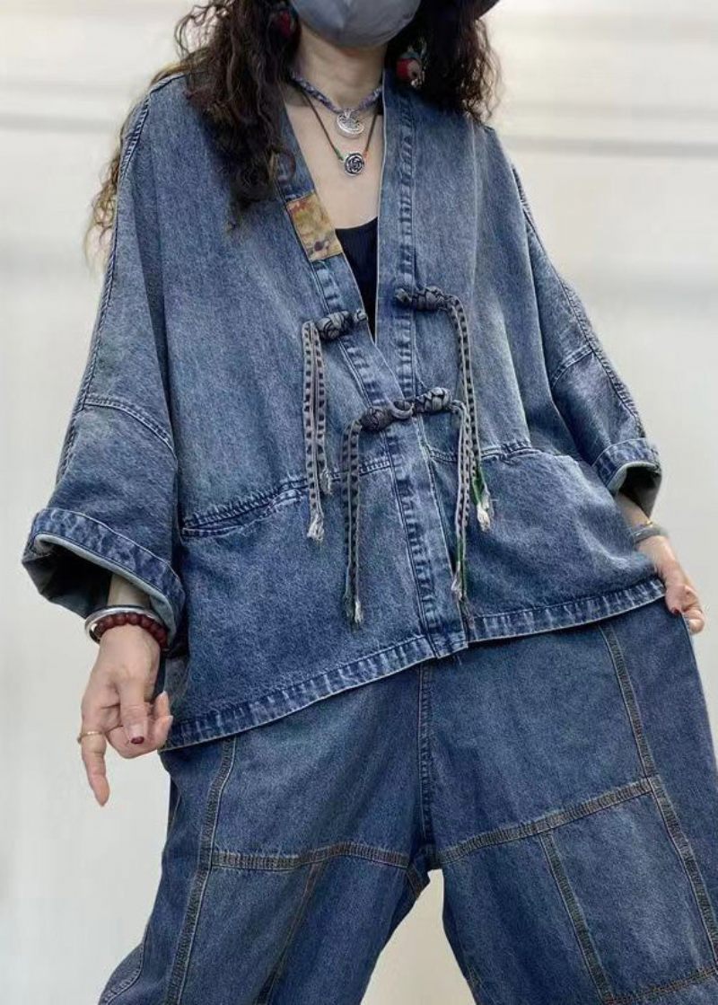 Løs Blå V-hals Knap Patchwork Denim Frakker Lange Ærmer - Dame vinterfrakker