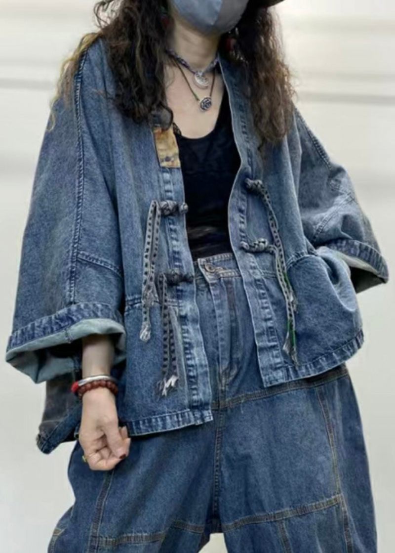 Løs Blå V-hals Knap Patchwork Denim Frakker Lange Ærmer - Dame vinterfrakker