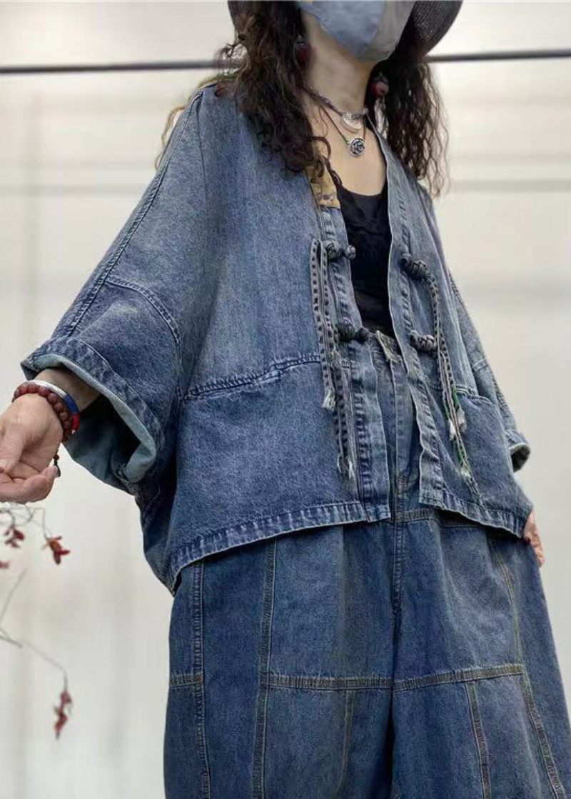 Løs Blå V-hals Knap Patchwork Denim Frakker Lange Ærmer - Dame vinterfrakker