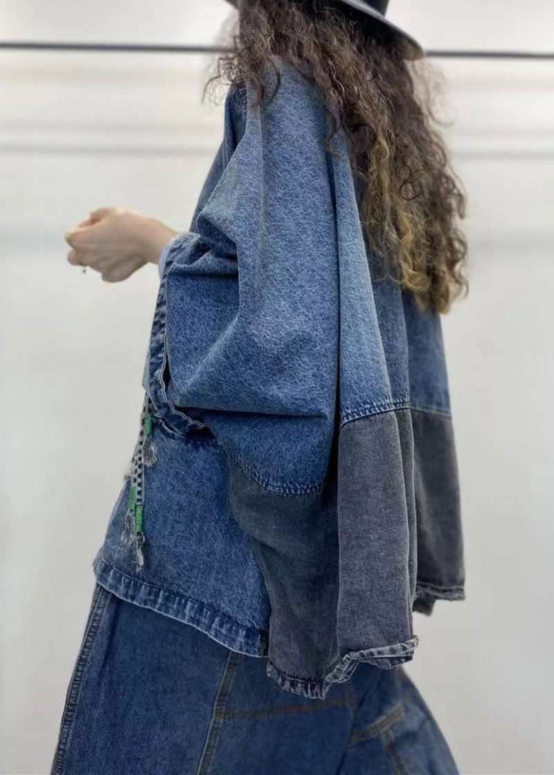 Løs Blå V-hals Knap Patchwork Denim Frakker Lange Ærmer - Dame vinterfrakker