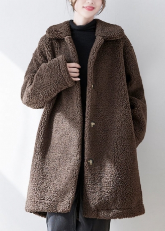 Løs Kaffe Peter Pan Krave Lommer Knap Faux Fur Coat Efterår