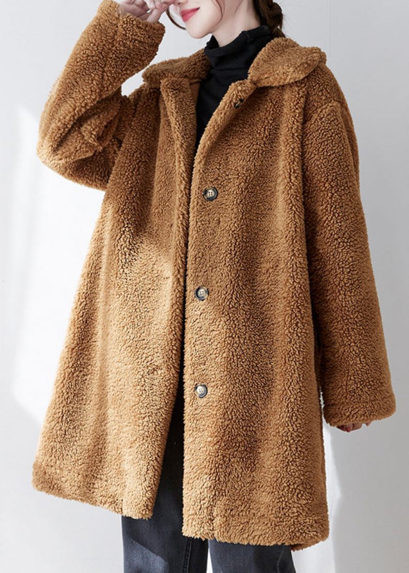 Løs Kaffe Peter Pan Krave Lommer Knap Faux Fur Coat Efterår - Dame vinterfrakker