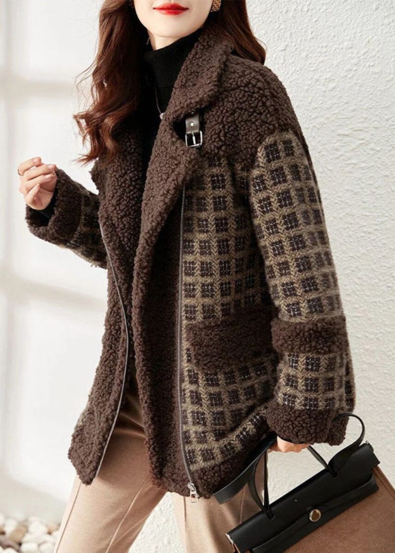 Løs Kaffe Plaid Zip Up Patchwork Teddy Faux Fur Coat Vinter