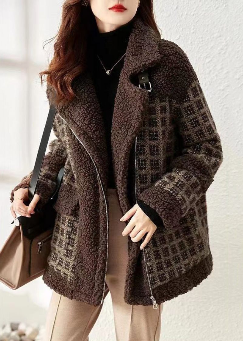 Løs Kaffe Plaid Zip Up Patchwork Teddy Faux Fur Coat Vinter - Dame vinterfrakker