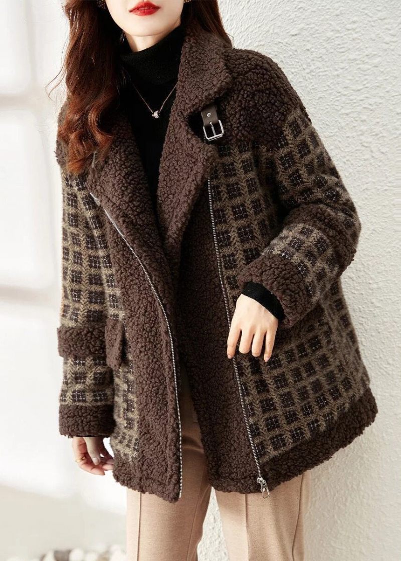 Løs Kaffe Plaid Zip Up Patchwork Teddy Faux Fur Coat Vinter - Dame vinterfrakker