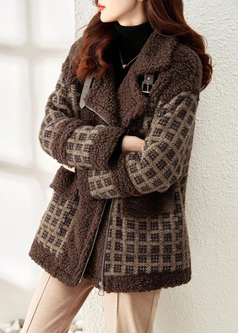 Løs Kaffe Plaid Zip Up Patchwork Teddy Faux Fur Coat Vinter - Dame vinterfrakker