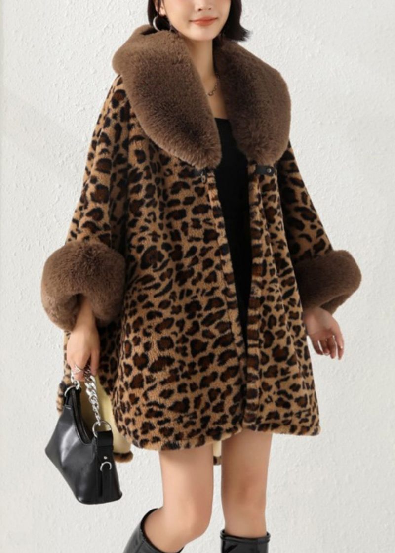 Løs Leopard Pelskrave Side Åben Patchwork Varm Fleece Coat Efterår