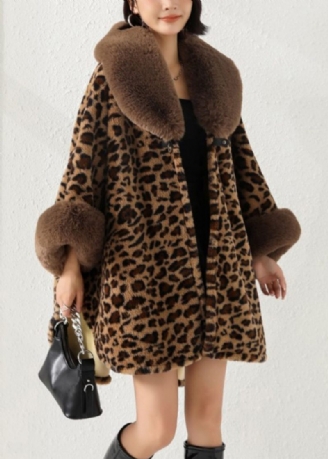 Løs Leopard Pelskrave Side Åben Patchwork Varm Fleece Coat Efterår