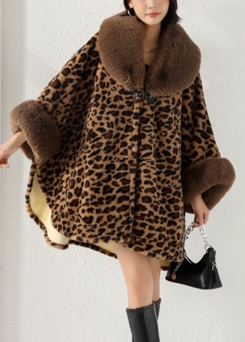 Løs Leopard Pelskrave Side Åben Patchwork Varm Fleece Coat Efterår - Dame vinterfrakker