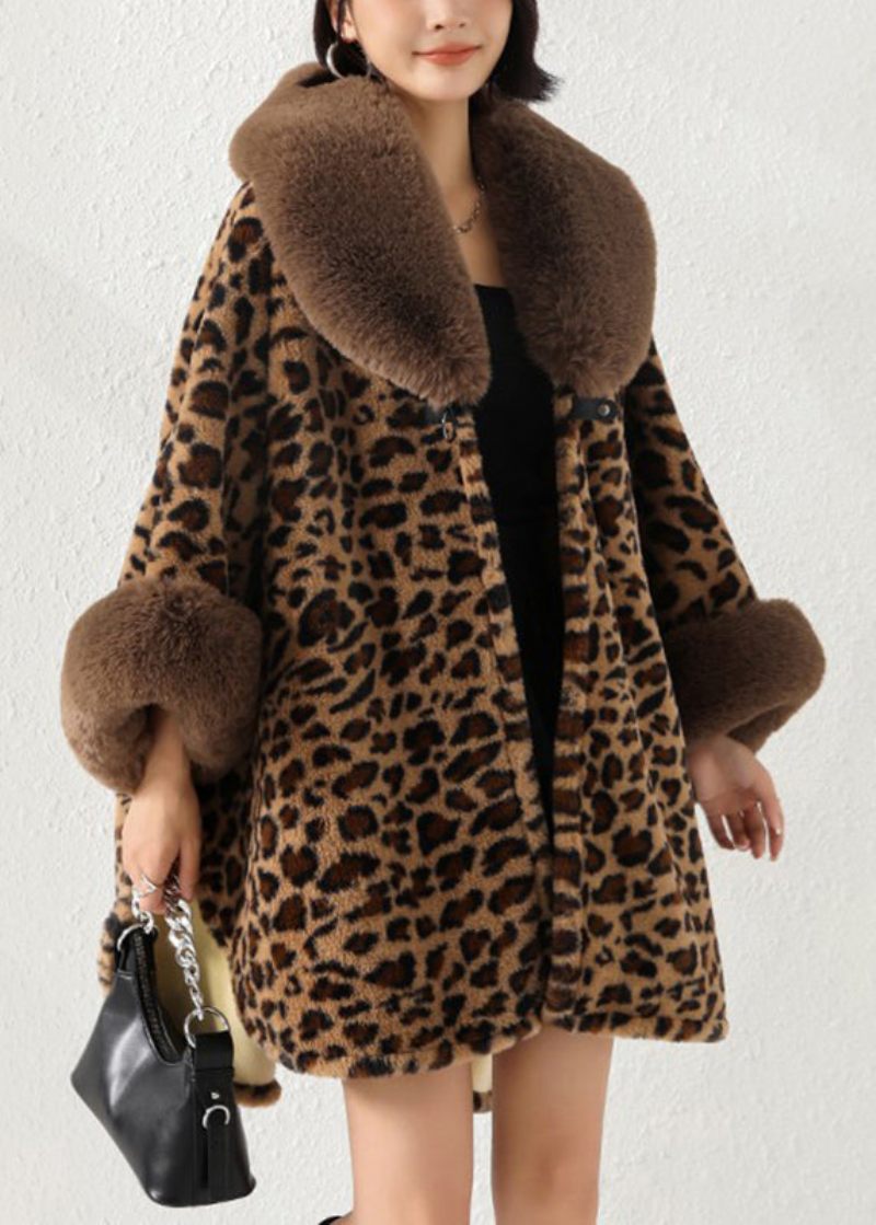 Løs Leopard Pelskrave Side Åben Patchwork Varm Fleece Coat Efterår - Dame vinterfrakker