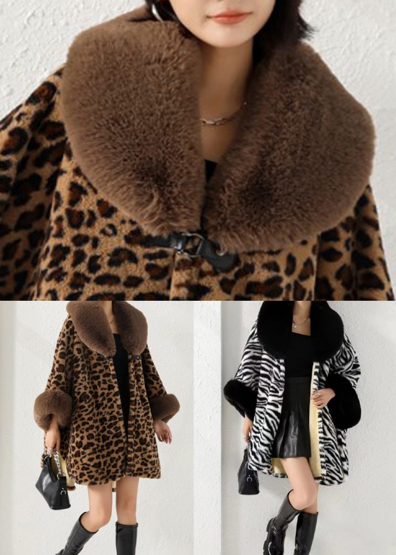 Løs Leopard Pelskrave Side Åben Patchwork Varm Fleece Coat Efterår - Dame vinterfrakker