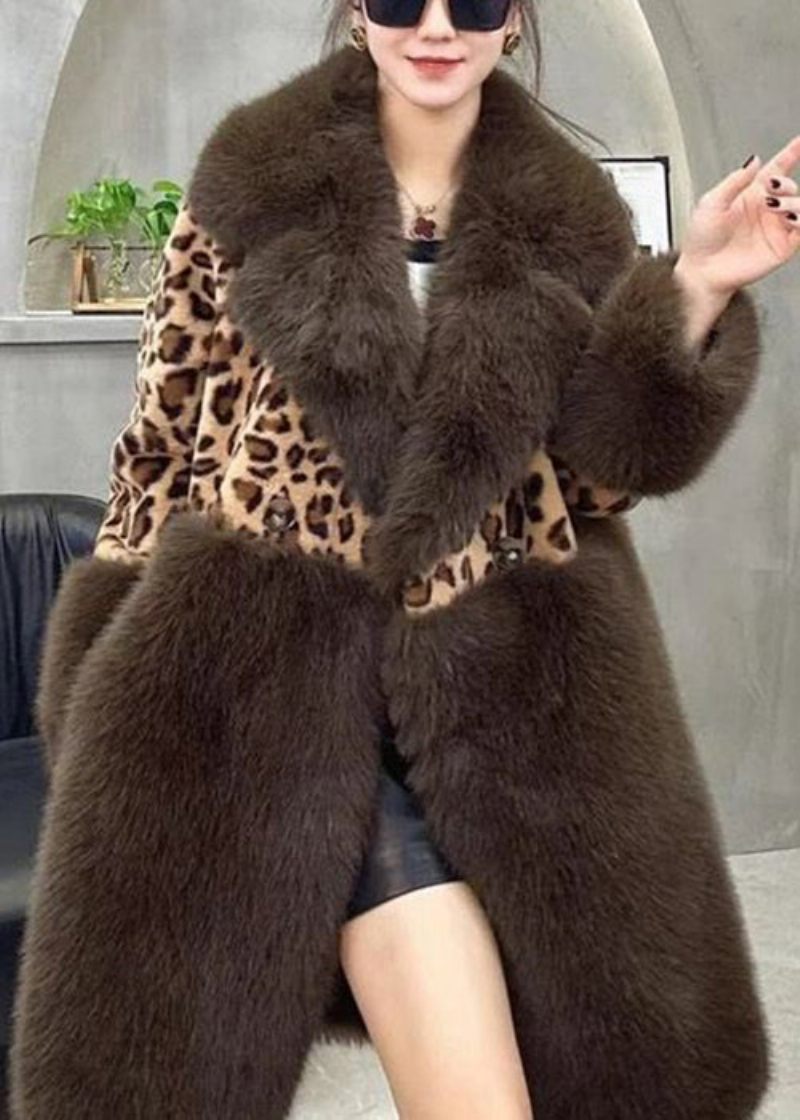 Løs Leopard Peter Pan Krave Knap Patchwork Fuzzy Fur Fluffy Coat Langærmet